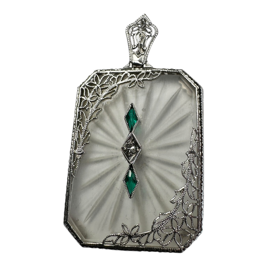 1920s 14 karat White Gold Art Deco, Diamond and Emerald, Pendant
