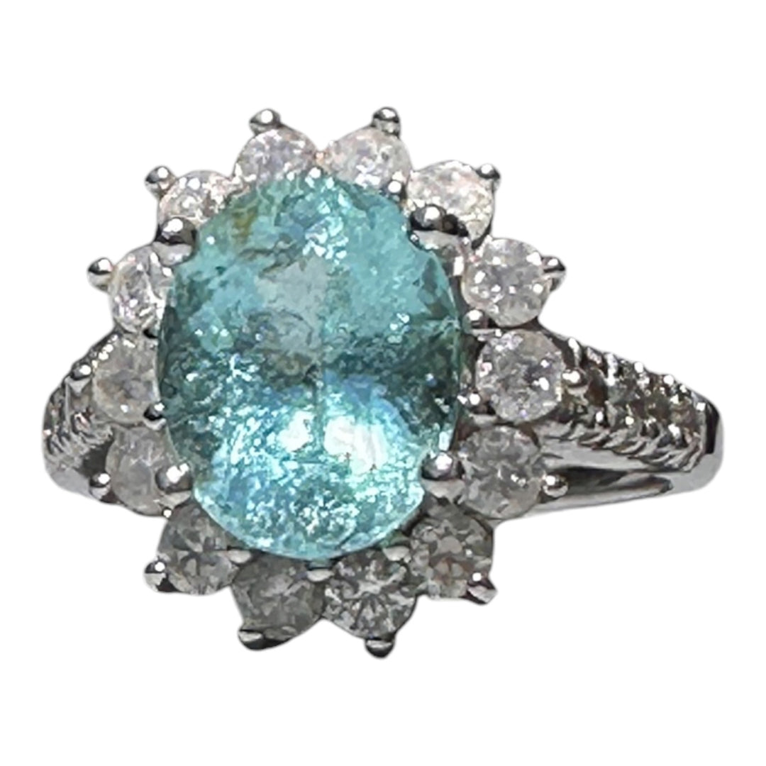 14 karat white gold neon 4.50 Carat Paraiba Tourmaline halo diamond ring