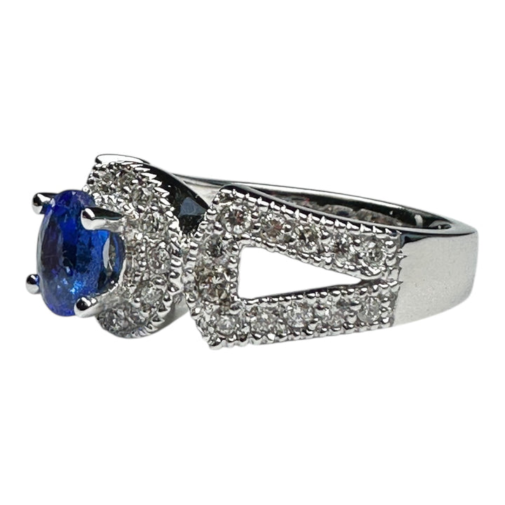 14kt White gold Halo Sapphire and Diamond Split Shank Ring