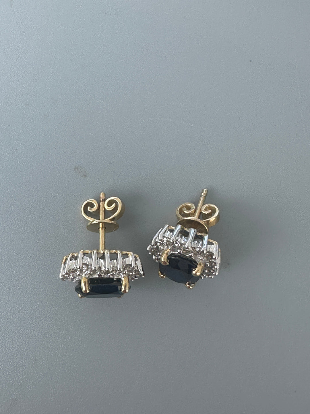 Two tone, 2 carat, sapphire, and diamond, halo stud earrings