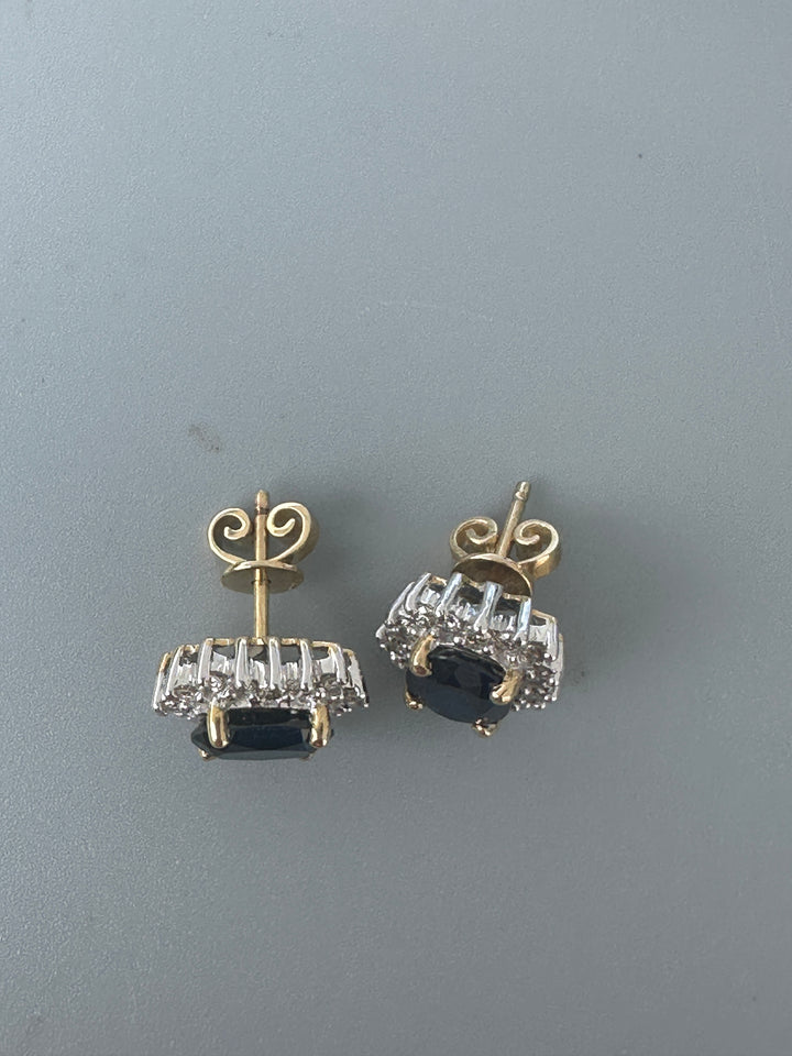 Two tone, 2 carat, sapphire, and diamond, halo stud earrings