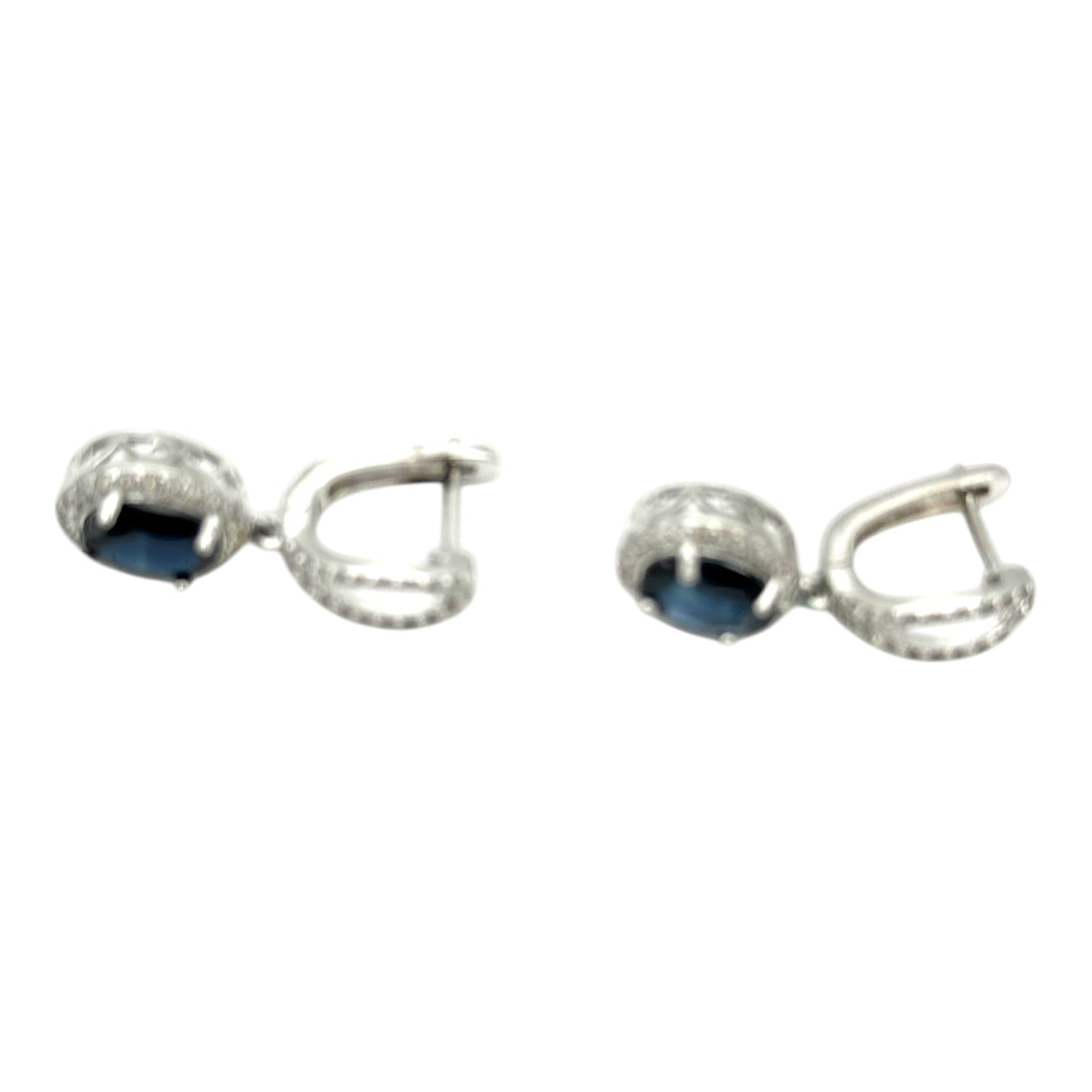 14 karat white gold, diamond halo 3.50 Ct blue stone earrings