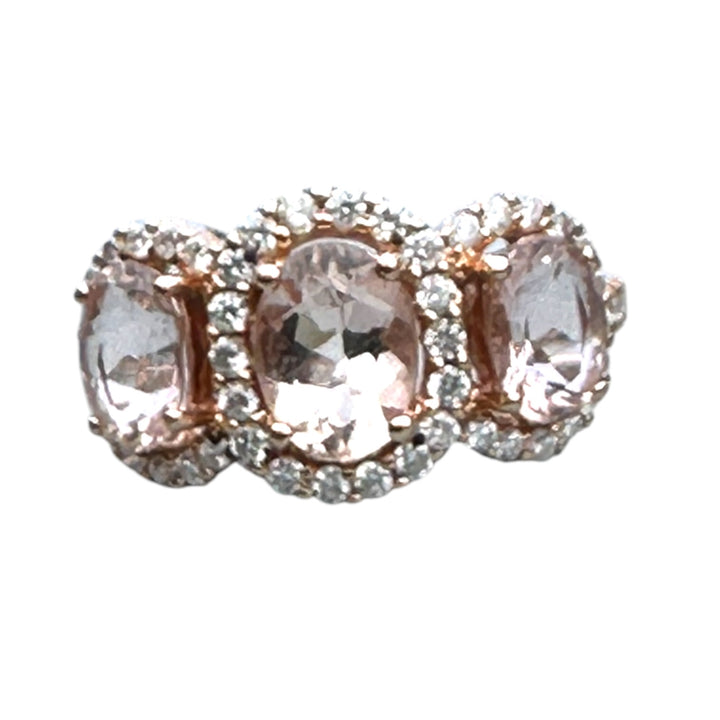 14 karat pink gold, 3-stone Morganite diamond halo ring