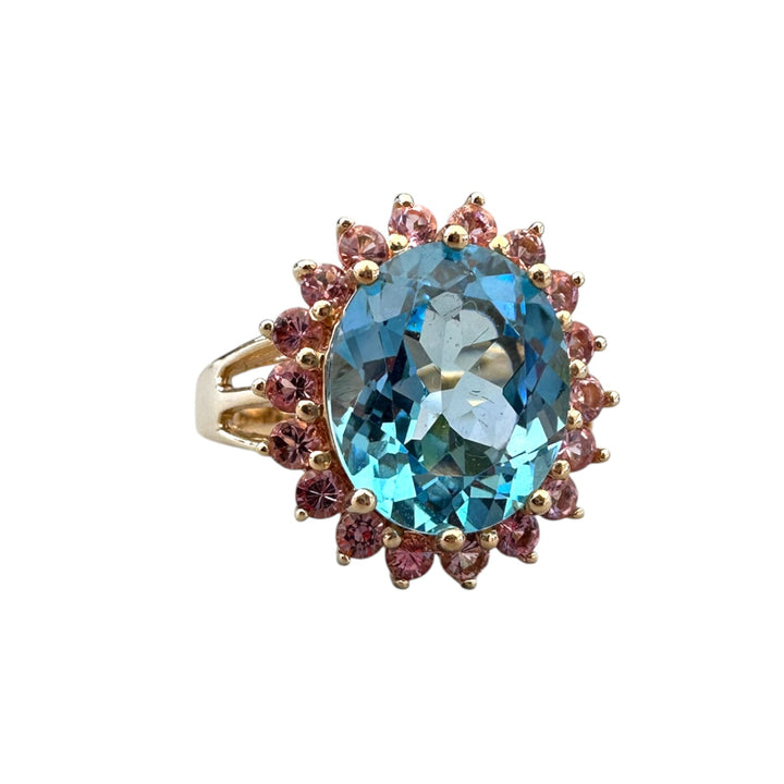 Vintage 14K Gold 6.00 Carat Oval Blue Topaz and Pink Sapphire Halo Cocktail Ring