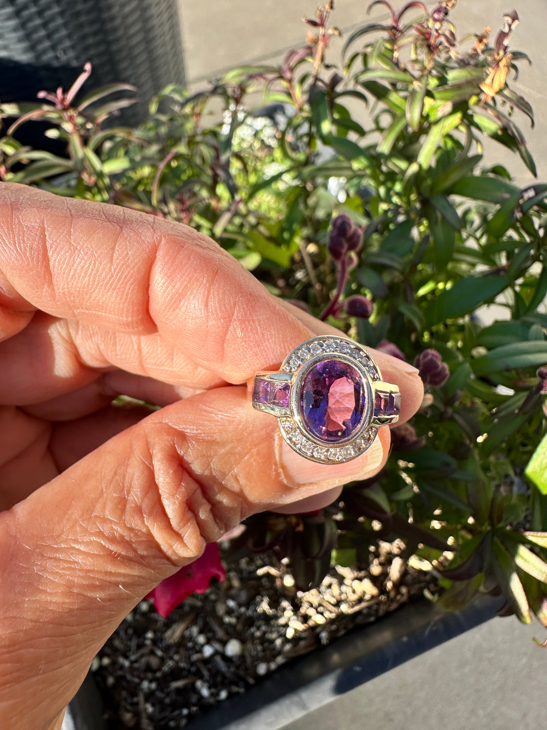 14 karat art deco style Amethyst halo Ring