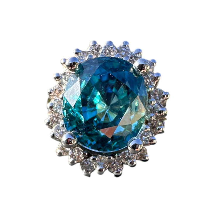 Magnificent 8 Carat Oval Natural Blue Zircon 14K White Gold Starburst Halo Ring