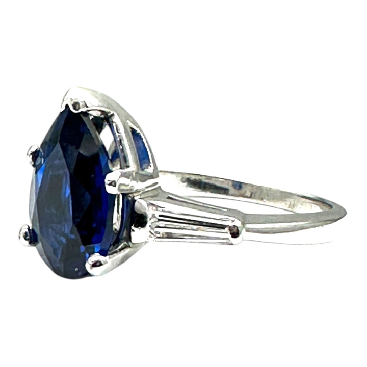 Mid Century Platinum 3-Stone 4.40ctw, Lab-Sapphire and Baguette Diamond Ring