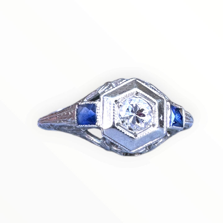 Antique Art Deco 18K White Gold Hexagonal Diamond & Sapphire Engagement Ring .45ctw