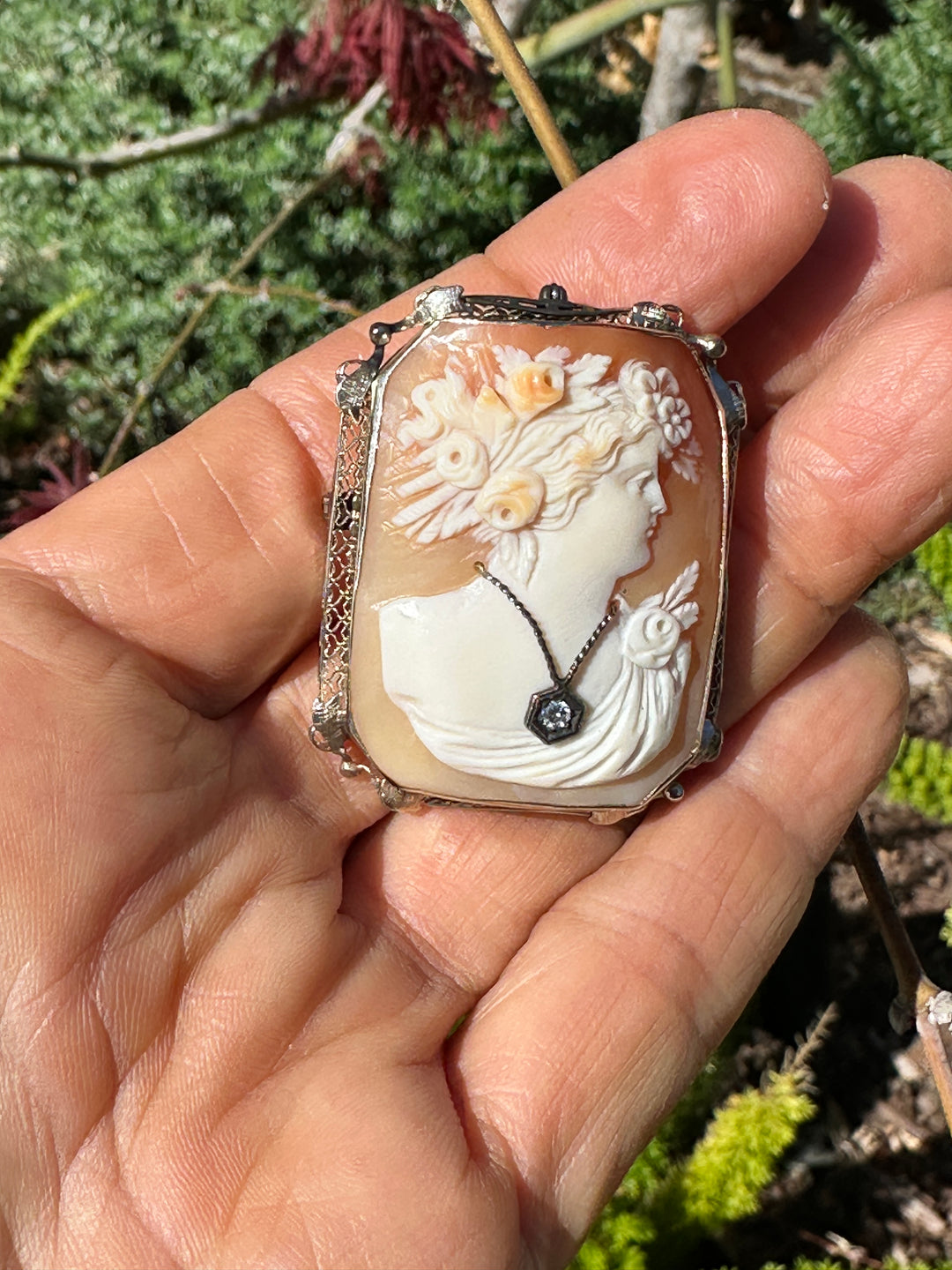 1800's Victorian Cameo with Diamond 14 Karat White Gold brooch pendant
