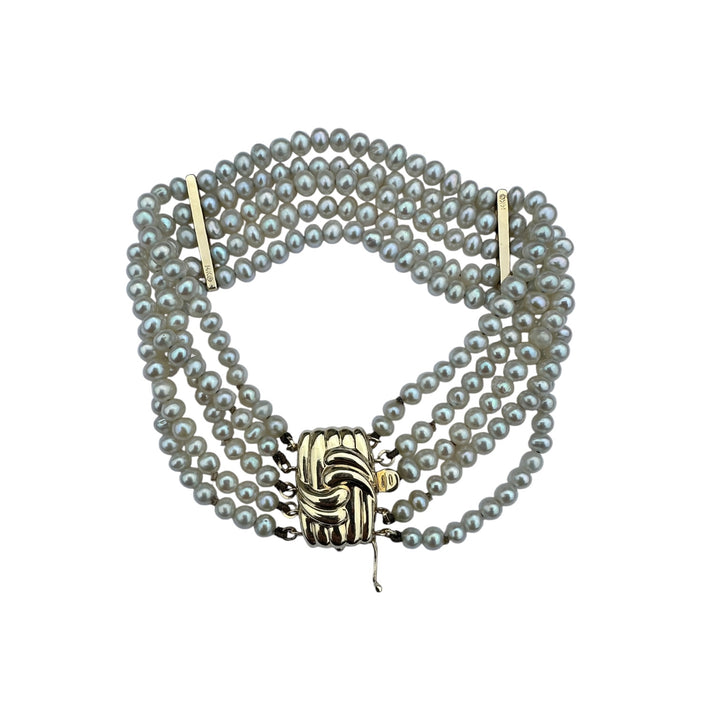 Vintage 14K Yellow Gold Five-Strand Grey Pearl Cuff Bracelet