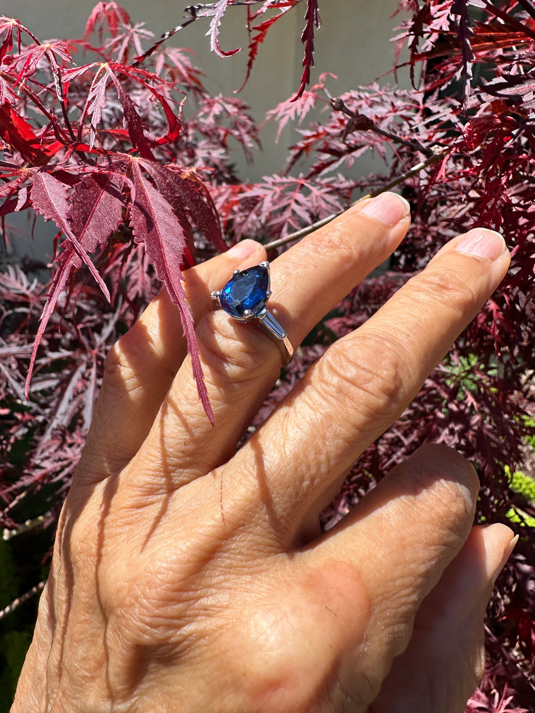 Mid Century Platinum 3-Stone 4.40ctw, Lab-Sapphire and Baguette Diamond Ring