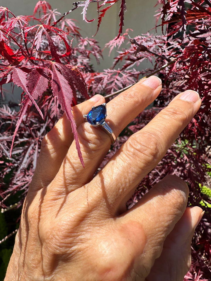 Mid Century Platinum 3-Stone 4.40ctw, Lab-Sapphire and Baguette Diamond Ring