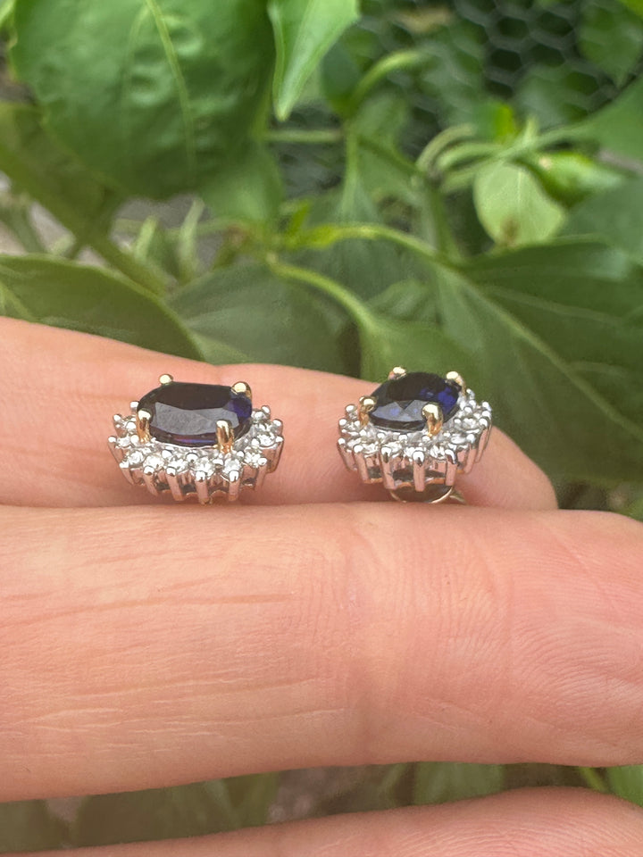 Two tone, 2 carat, sapphire, and diamond, halo stud earrings