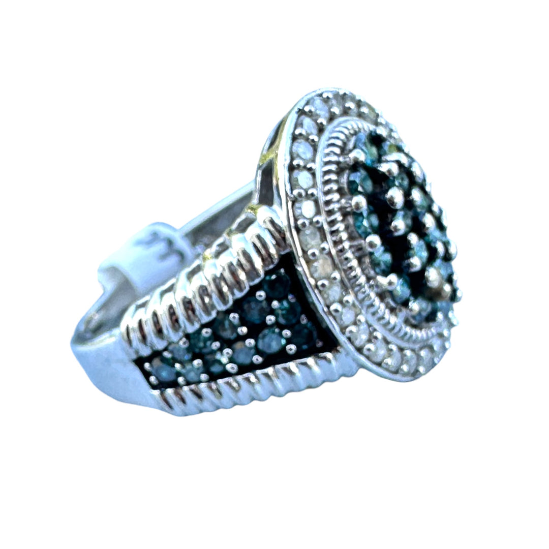 White Gold Blue and White Diamond Halo Statement 1.75ct Halo Ring