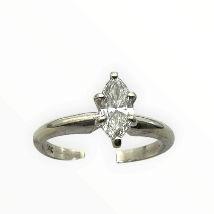 Classic .41 carat marquise–shaped diamond solitaire ring in 14 karat white gold