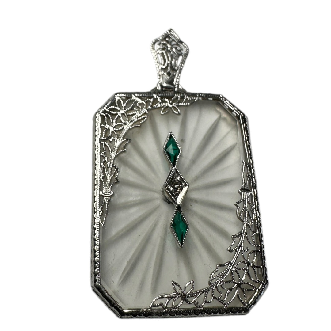 1920s 14 karat White Gold Art Deco, Diamond and Emerald, Pendant