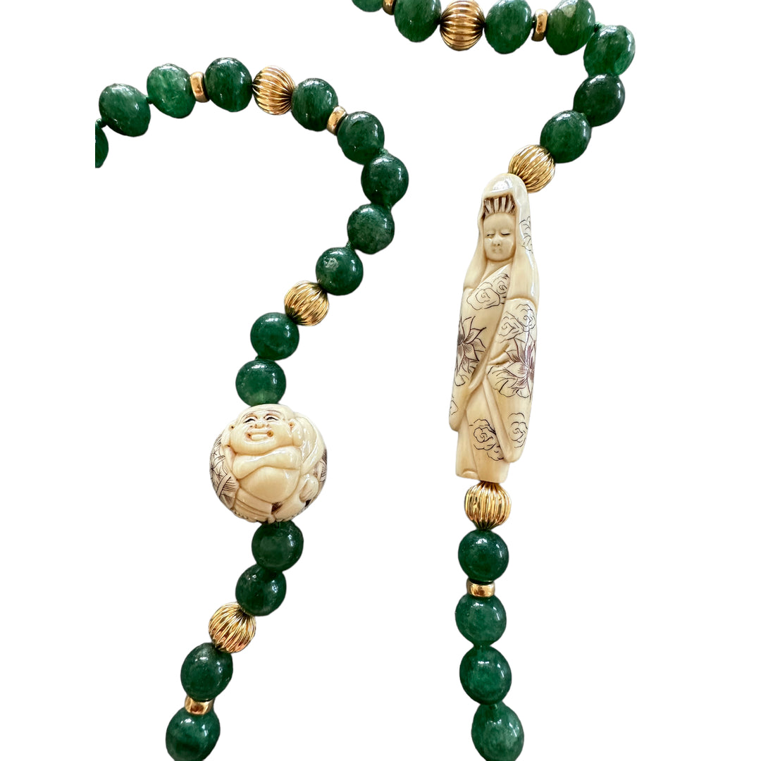 14Kt Netsuke Carved Chinese Figurine Aventurine Beads Necklace 34"