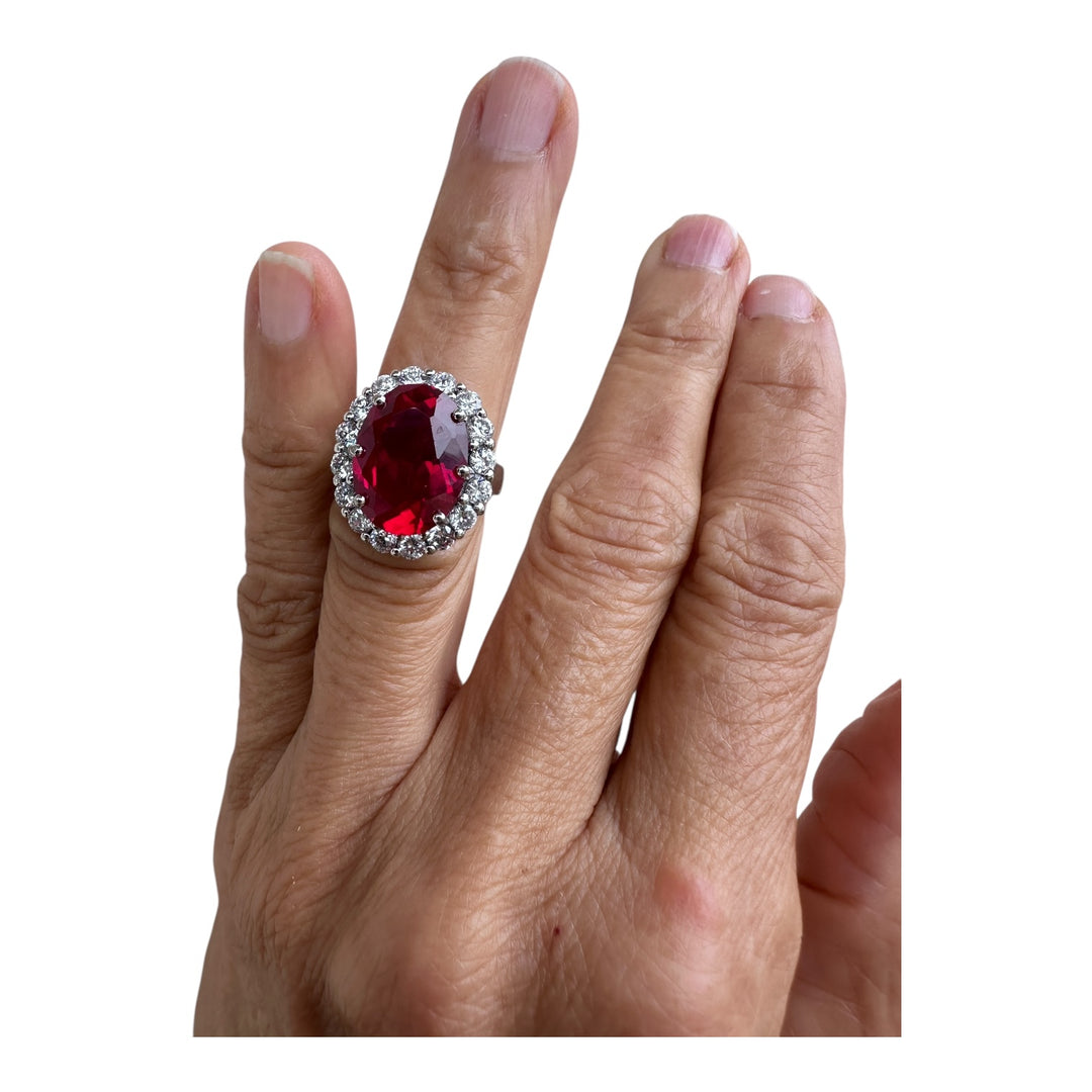 Platinum Travel Ring with 5 Carat Red Stone and 2.00 Carat Halo