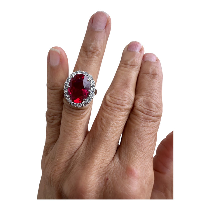 Platinum Travel Ring with 5 Carat Red Stone and 2.00 Carat Halo