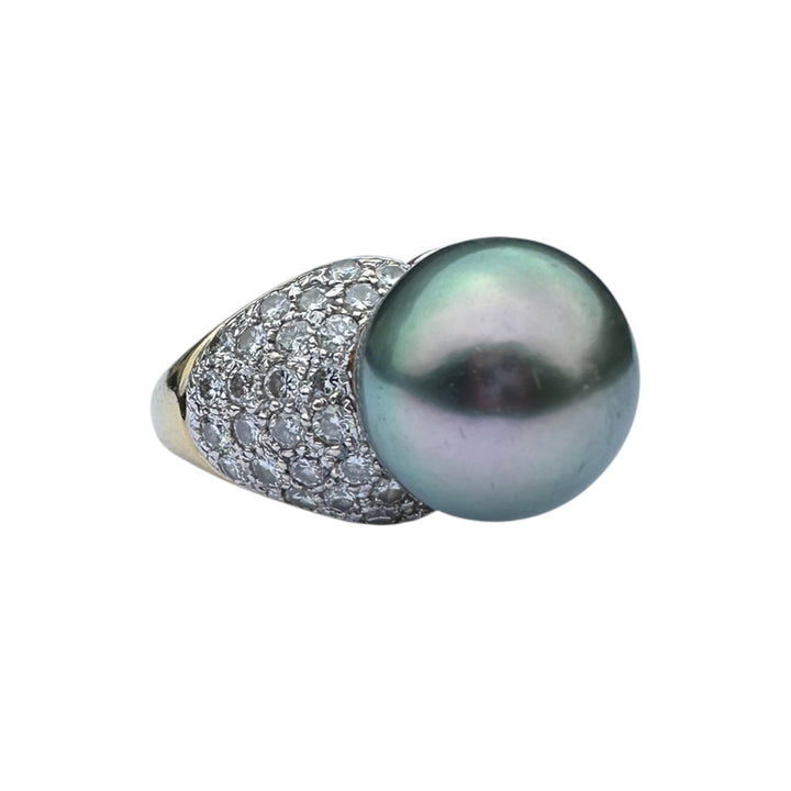 Mid-century, 18 karat Tahitian 12 mm pearl with 1.50 carat diamonds