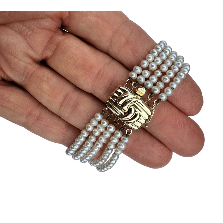 Vintage 14K Yellow Gold Five-Strand Grey Pearl Cuff Bracelet