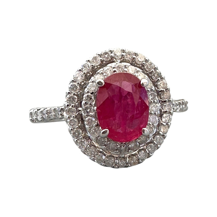 14kt White Gold 1.40 Carat Oval Ruby and Double Diamond Halo Cocktail Ring