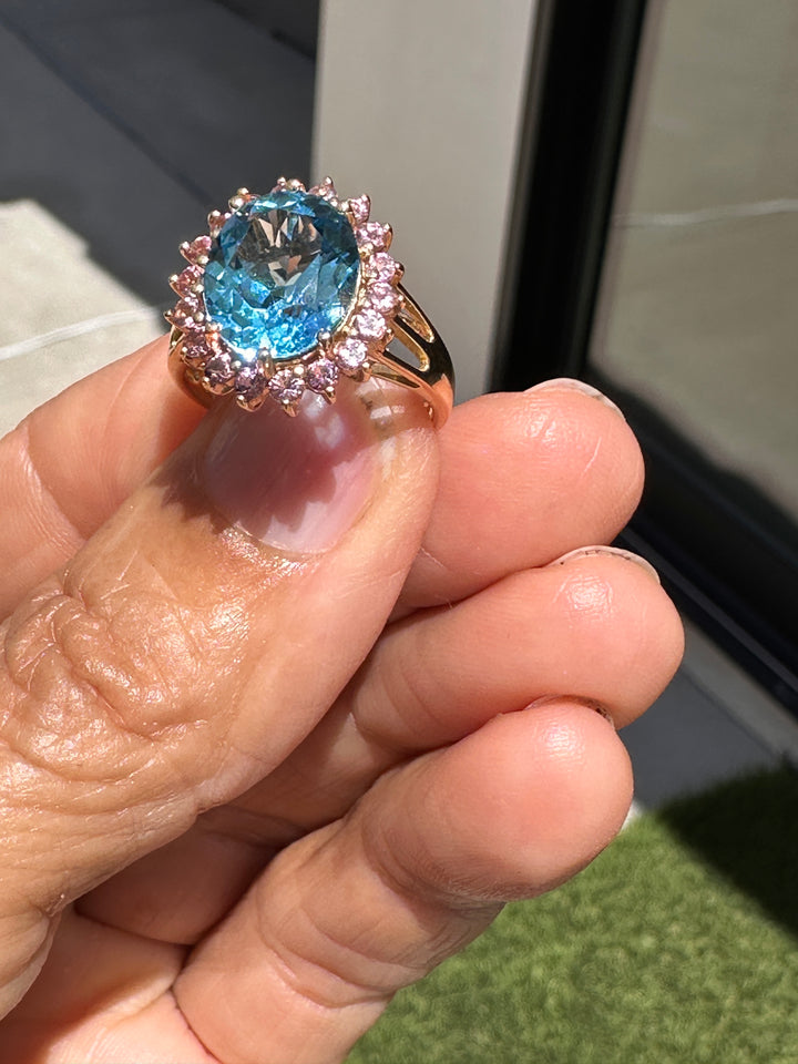 Vintage 14K Gold 6.00 Carat Oval Blue Topaz and Pink Sapphire Halo Cocktail Ring
