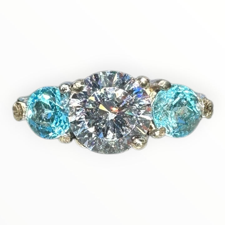 14 Karat White Gold, Three Stone Neon Apetite Etched Engraved Ring
