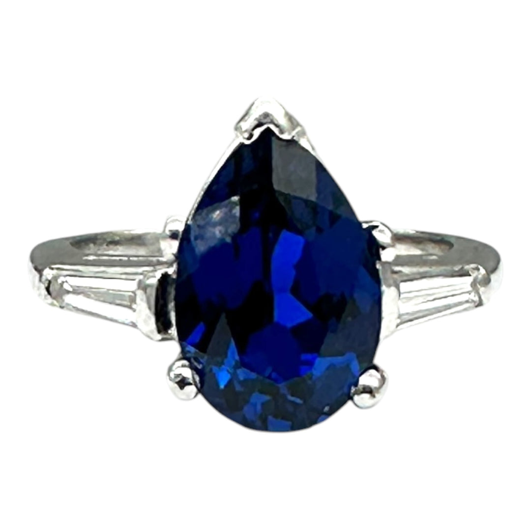 Mid Century Platinum 3-Stone 4.40ctw, Lab-Sapphire and Baguette Diamond Ring
