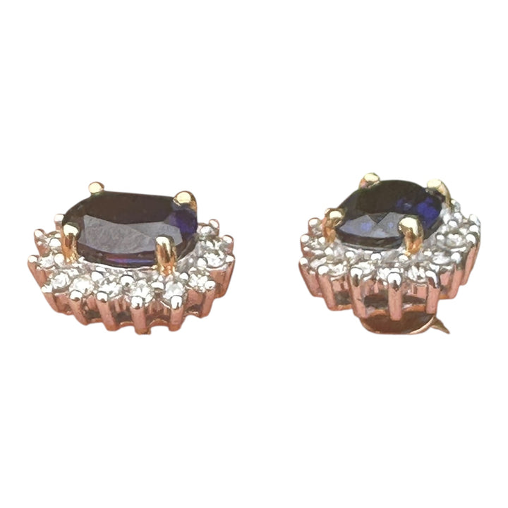 Two tone, 2 carat, sapphire, and diamond, halo stud earrings