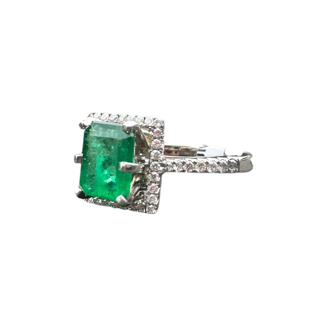 14kt Gold 2.48 Carat Colombian Emerald and Diamond Halo Ring