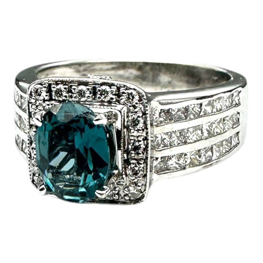 London, Blue Topaz Diamond Halo Princess 2.50ctw Wide Band Ring