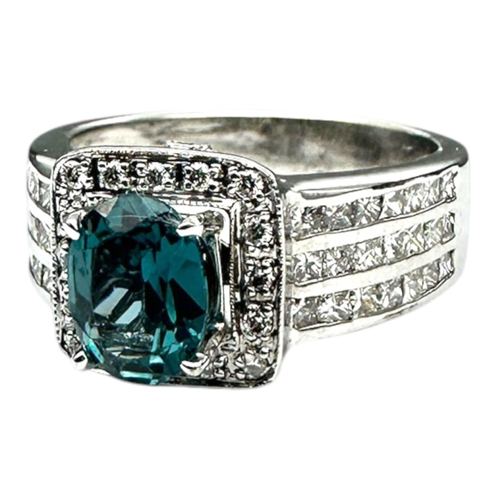 London, Blue Topaz Diamond Halo Princess 2.50ctw Wide Band Ring