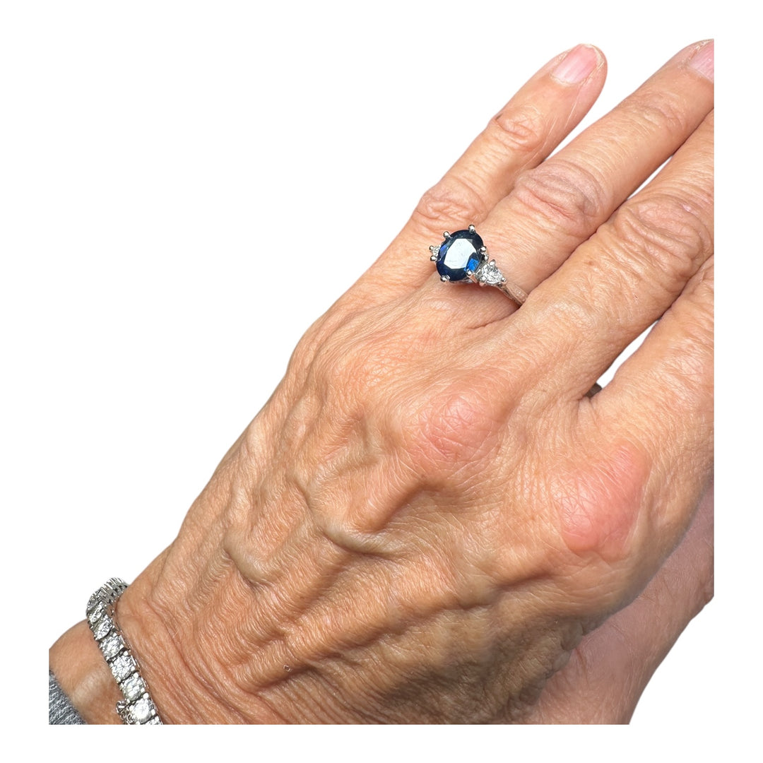 14 Karat 3-stone Oval 3.55 Carat Natural Sapphire and Diamond Ring