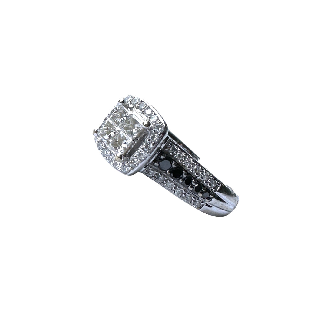 14K White Gold Princess-Cut Quad Diamond Halo Ring with Black Diamond Accents .75ctw