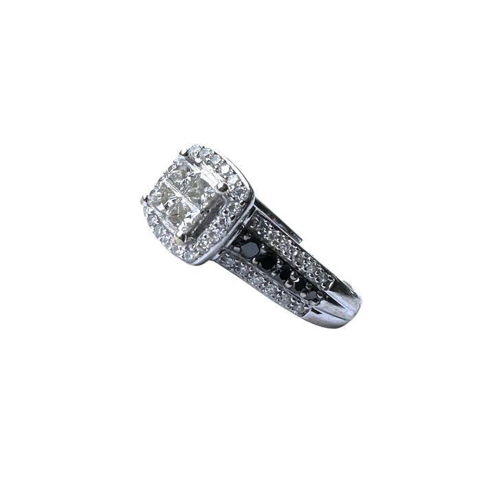 14K White Gold Princess-Cut Quad Diamond Halo Ring with Black Diamond Accents .75ctw