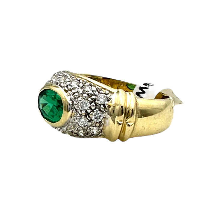 14 karat yellow gold, diamond and emerald green ring