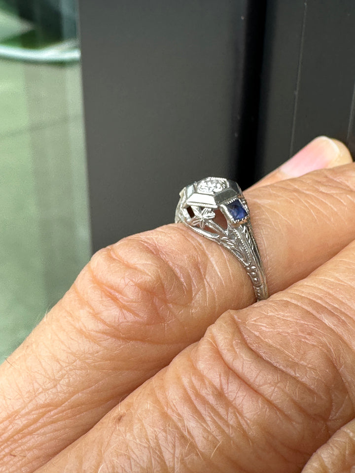 Antique Art Deco 18K White Gold Hexagonal Diamond & Sapphire Engagement Ring .45ctw