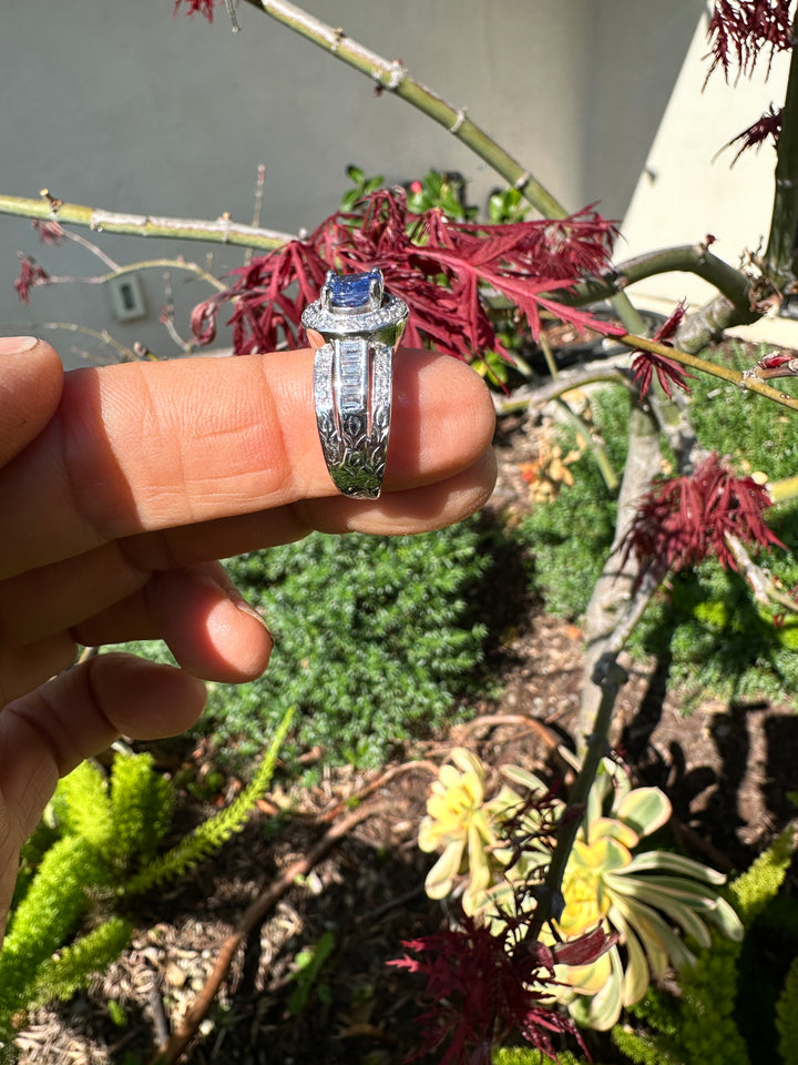 14 Karat White Gold 2.25TCW Blue Sapphire Halo Diamond and Baguette Ring