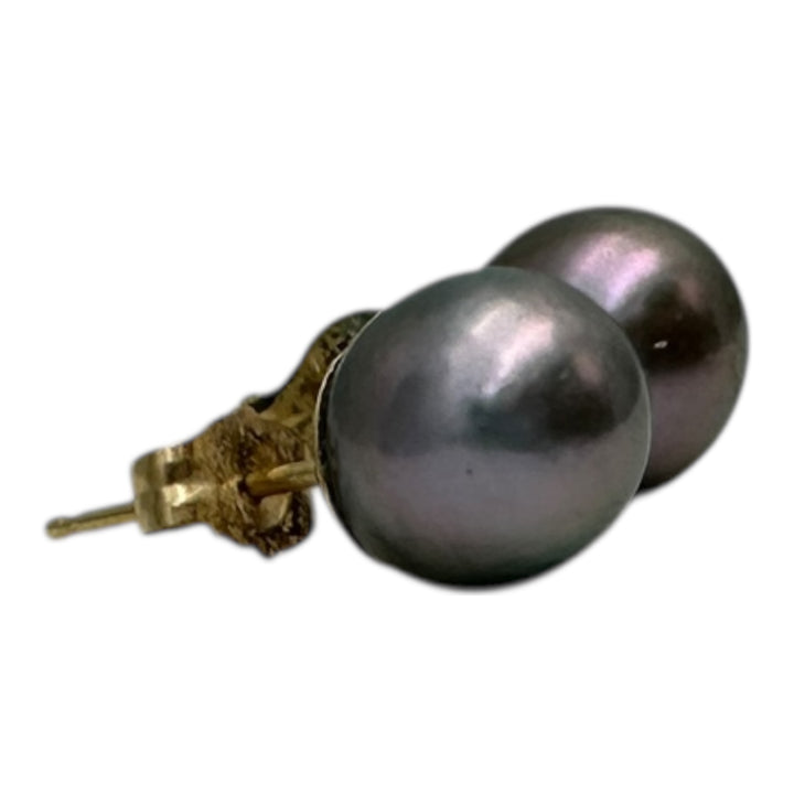 14 karat, gold 7 mm Akoya, gray cultured pearls earrings studs AAA quality￼