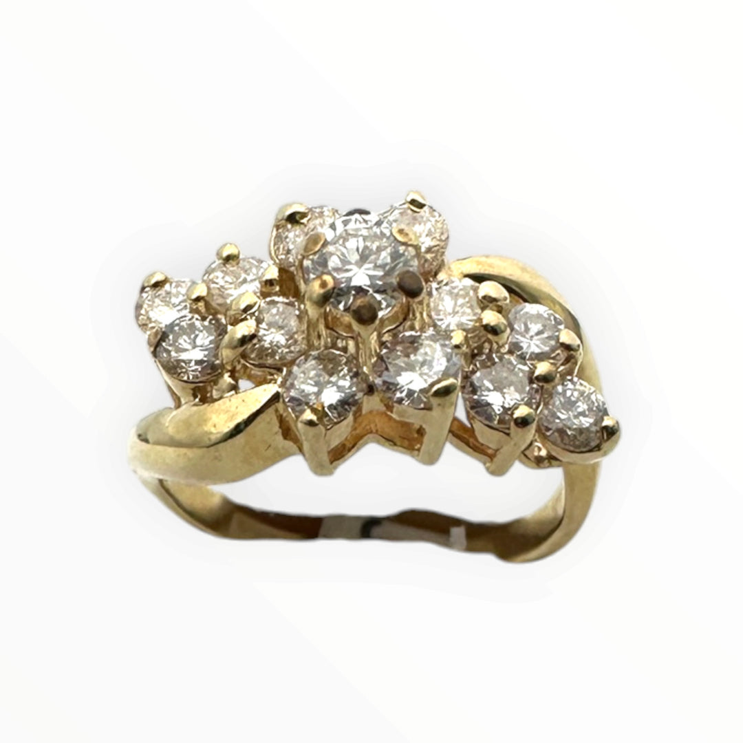 Vintage 14K Yellow Gold 0.80 Carat Round Brilliant Diamond Cluster Cocktail Ring VS