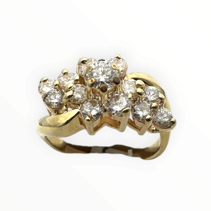 Vintage 14K Yellow Gold 0.80 Carat Round Brilliant Diamond Cluster Cocktail Ring VS