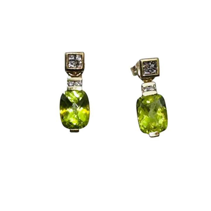 Jacket Earrings, 14 karat tapestry-cut Peridot and princess-cut diamond stud yellow gold
