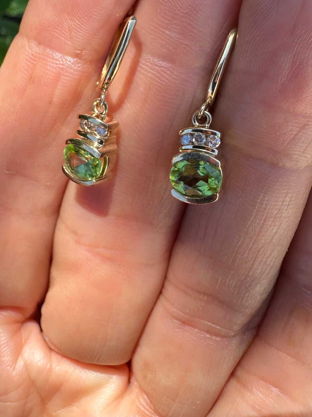14K Yellow Gold 1.50ct Peridot and 1/4ct Diamond Leverback Dangle Earrings