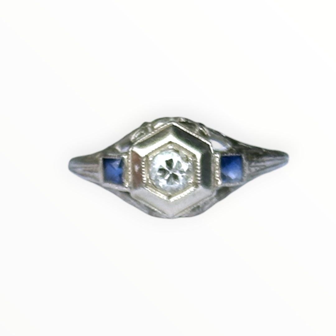 Antique Art Deco 18K White Gold Hexagonal Diamond & Sapphire Engagement Ring .45ctw