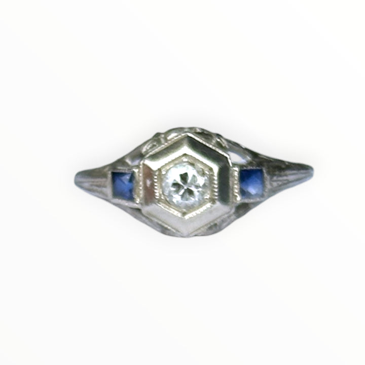 Antique Art Deco 18K White Gold Hexagonal Diamond & Sapphire Engagement Ring .45ctw