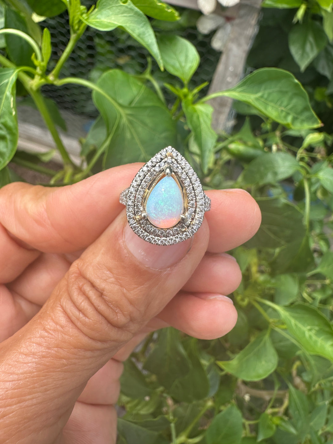 14 karat halo opal ring .80 carat diamond.