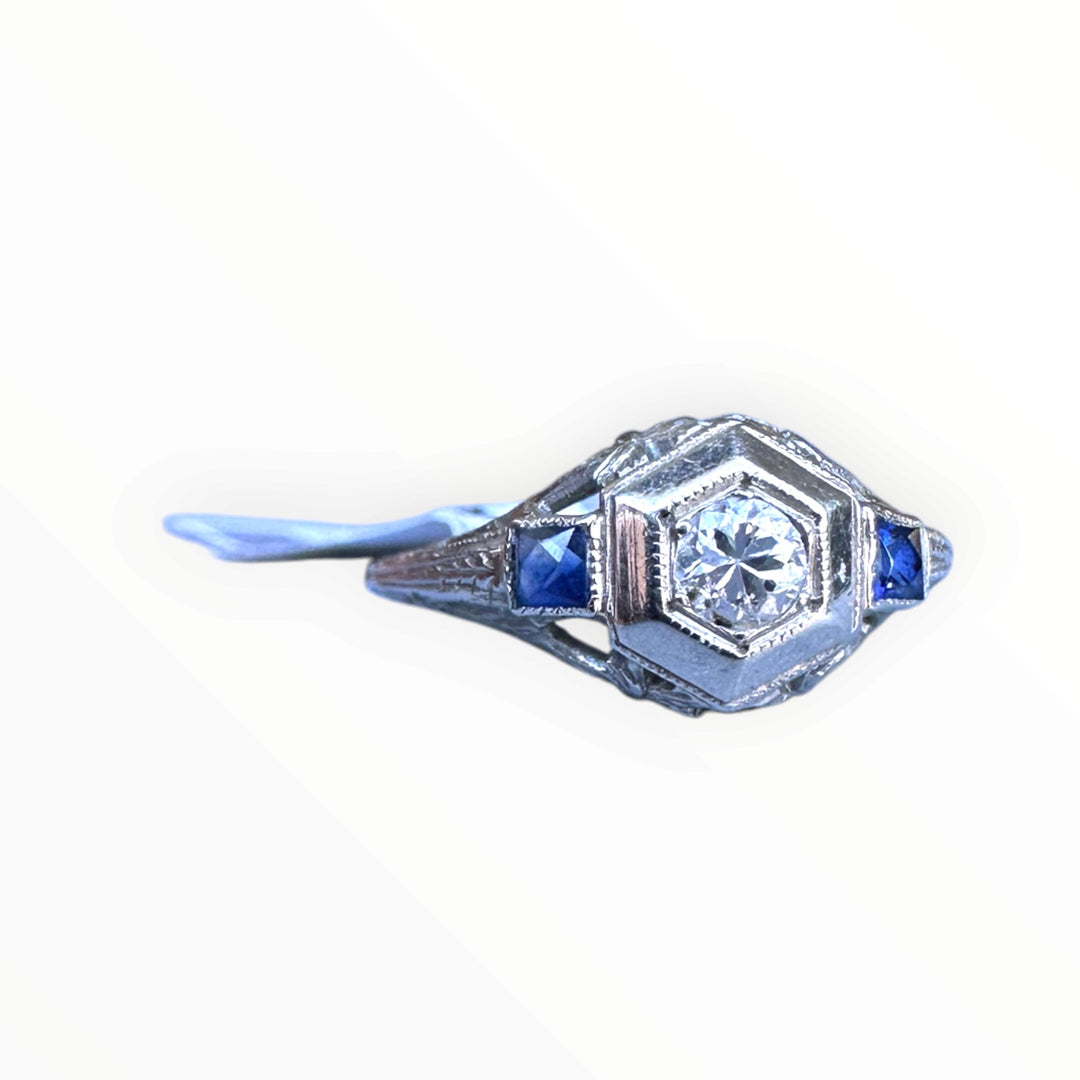 Antique Art Deco 18K White Gold Hexagonal Diamond & Sapphire Engagement Ring .45ctw