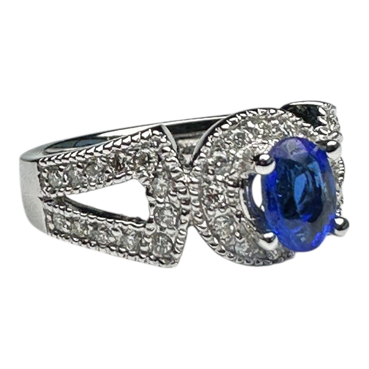 14kt White gold Halo Sapphire and Diamond Split Shank Ring