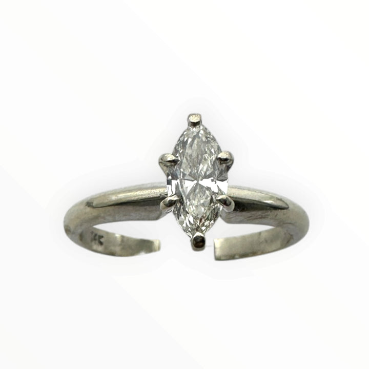 Classic .41 carat marquise–shaped diamond solitaire ring in 14 karat white gold